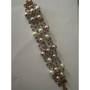 Gold Tone Multicolor Faux Pearl Beaded Chain Bracelet‎ Womens 7.5 Inch Lobster